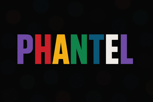 voglio una scritta in stampatello che dice "Phantel" su sfondo nero con alcuni puntini di colore scuro sfuocato in sfondo. Ogni lettere di ogni parola avrà i seguenti colori: viola, rosso, giallo,verde, blu, bianco per poi ricominciare fino a parola terminata